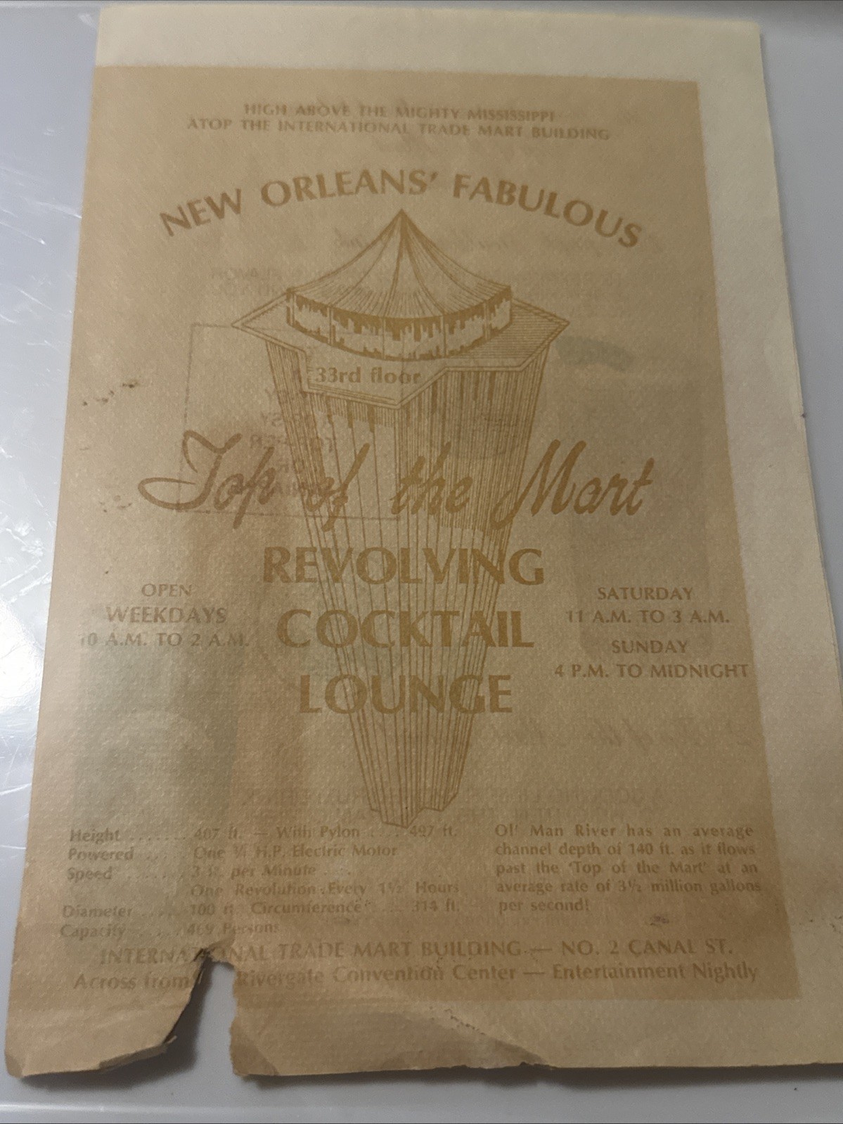 New Orleans\' Fabulous Top of the Mart Revolving Cocktail Lounge 1975 Menu