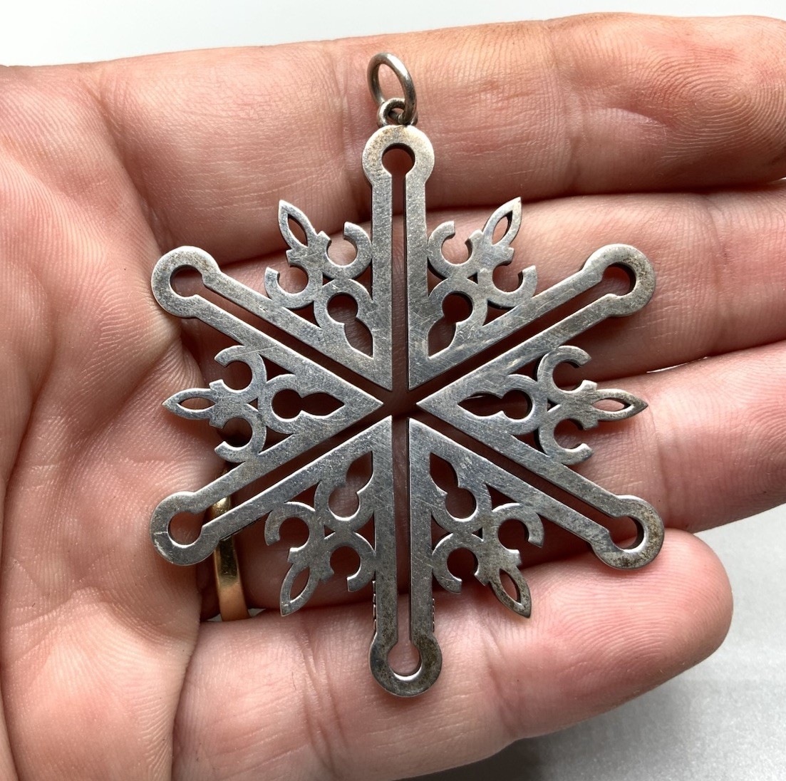 Sterling Silver Signed ME Solid Christmas Snowflake Large Ornament Pendant
