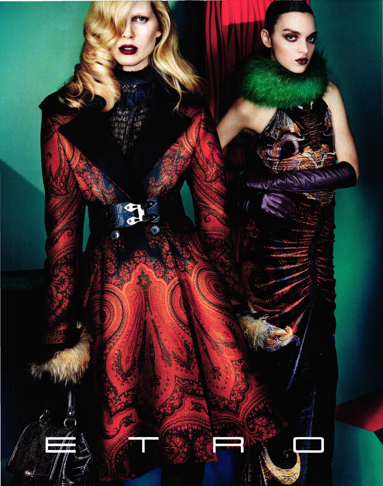 ETRO Print Ad Art Deco Brocade Coat Fur Trim & Shirred Halter Gown Gloves 326