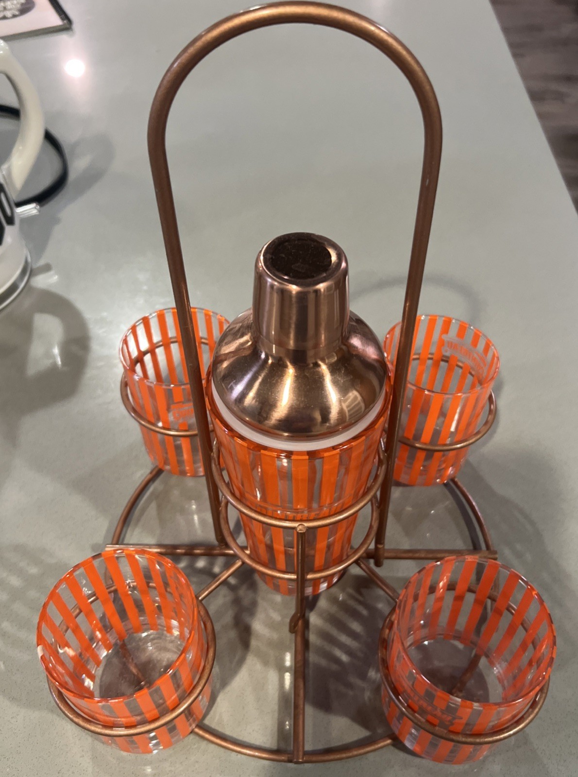 Vintage MCM Caddy Cocktail Shaker Set Copper Cointreau Orange Stripes Barware