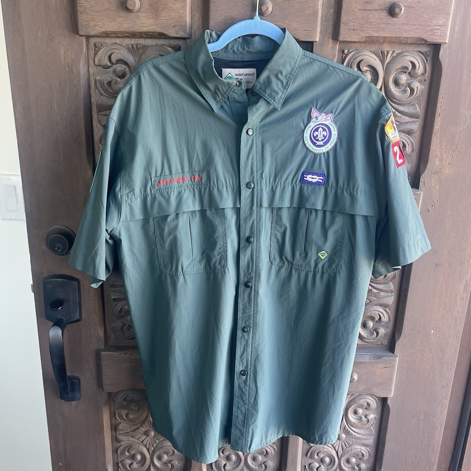 Venturing BSA Boy Scouts Adult Large Green Short Sleeve Uniform Shirt w/ Patches