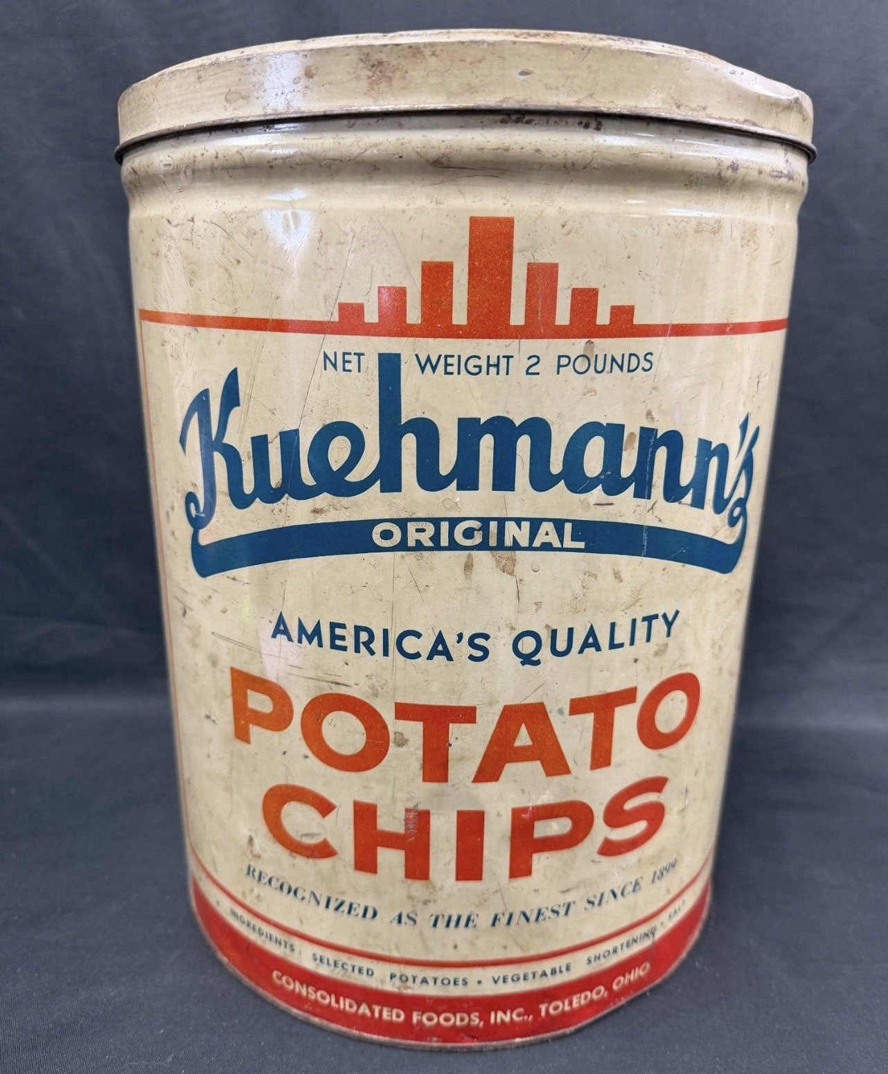 Vintage Kuehmann\'s Potato Chips Tin Canister Toledo Ohio 2 lb 12.75\