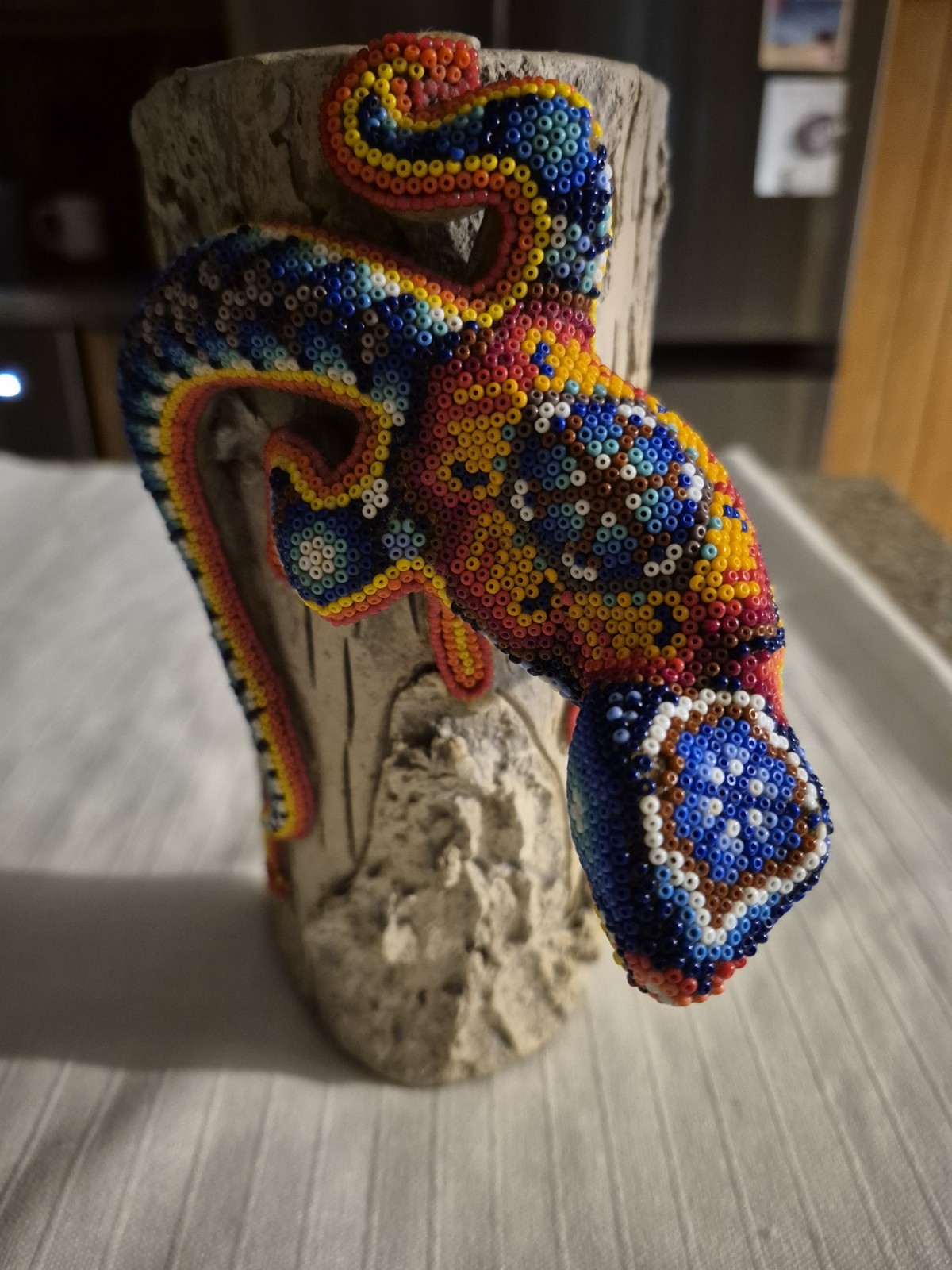 Huichol Iguana On Ceramic Log. Hand Beaded Mexican Folk Art. Signed. 
