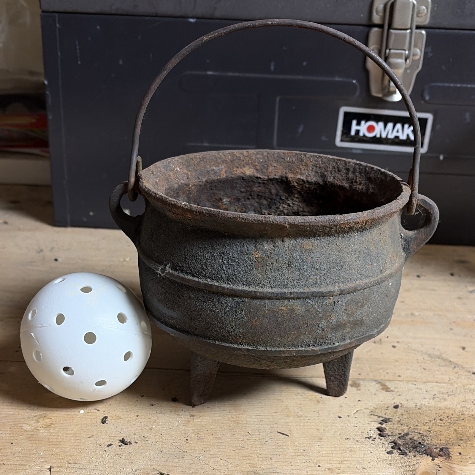 Vintage Cast Iron Pot Marked W. CO, Bail Handle, Three-Legged Tripod