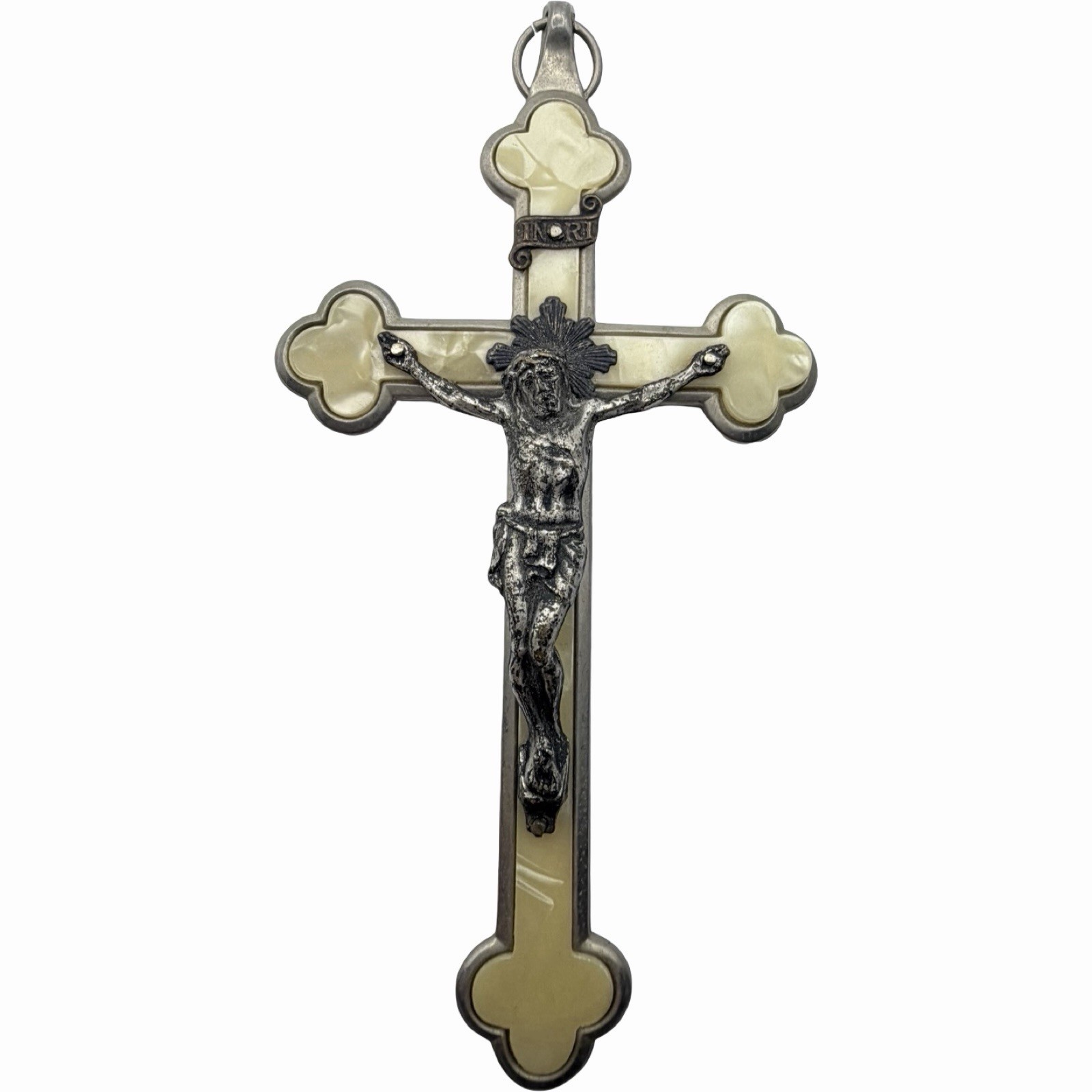 Vintage German Catholic Pectoral Crucifix Faux Mother of Pearl Celluloid 4.5”