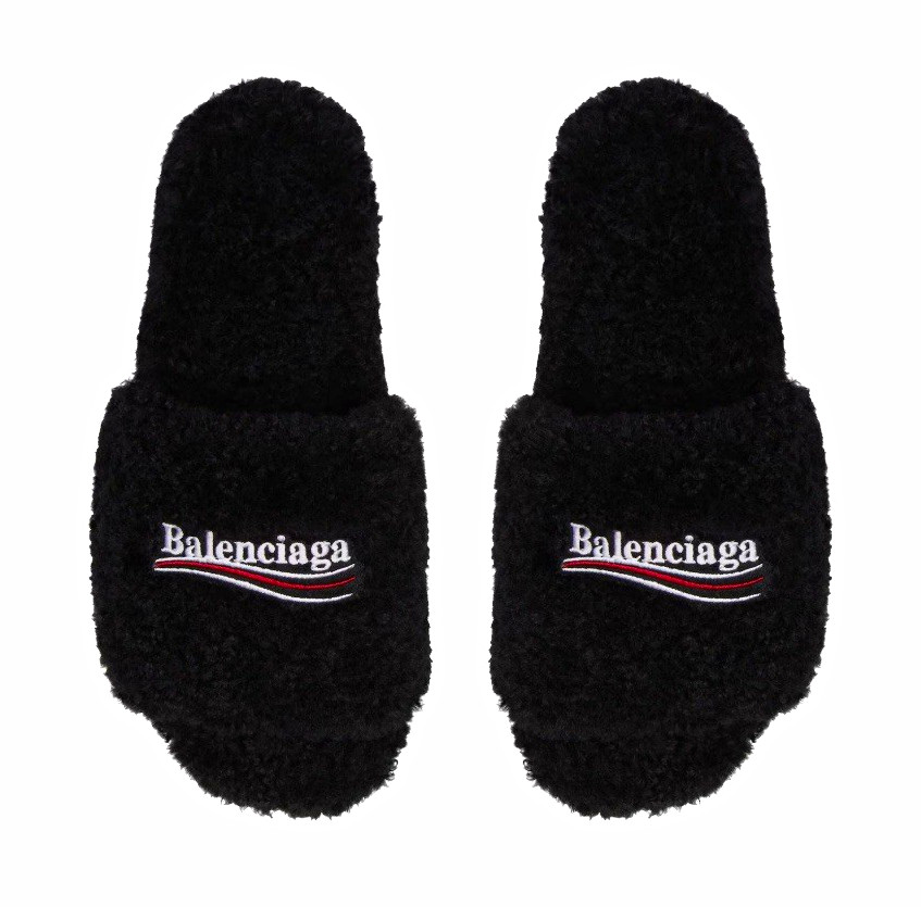 Balenciaga Men\'s Black Shearling Logo Slide Slippers Slip-On US 9.5