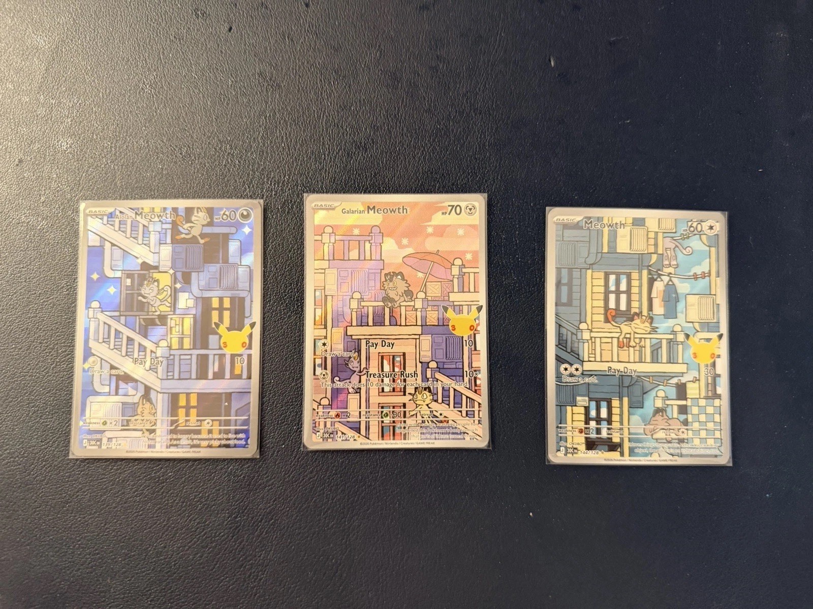 Pokemon 30th Anniversary Meowth Set 139+141+142/128 IR Holo Full Art MINT š„ Pokemon 30th Anniversary Meowth Set 139+141+142/128 IR Holo Full Art MINT š„