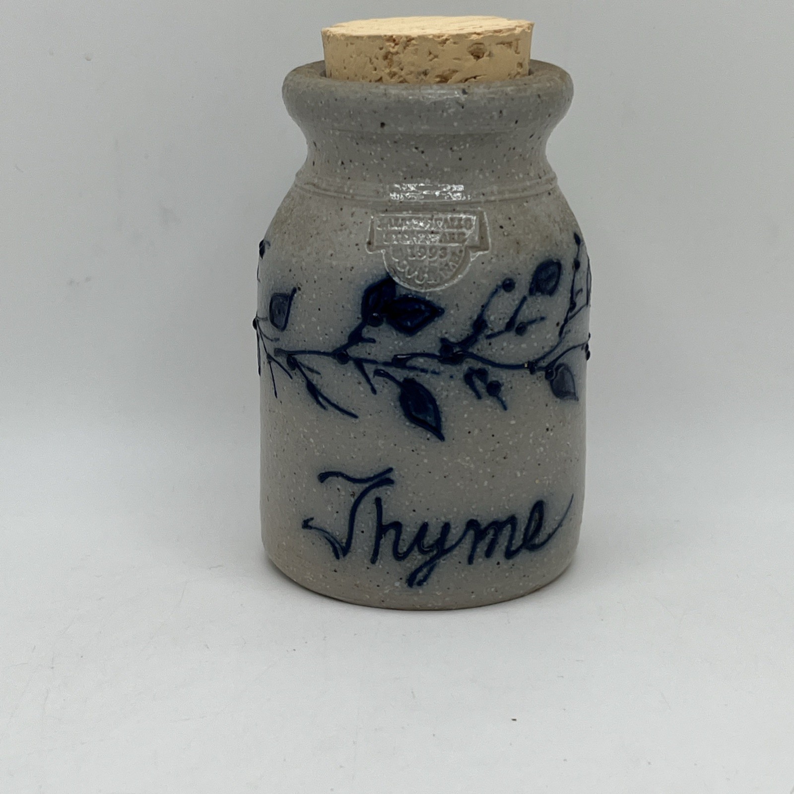 Very HTF Vintage Salmon Falls Stoneware Thyme Spice Jar W/ Cork  4.5” Blue Vine