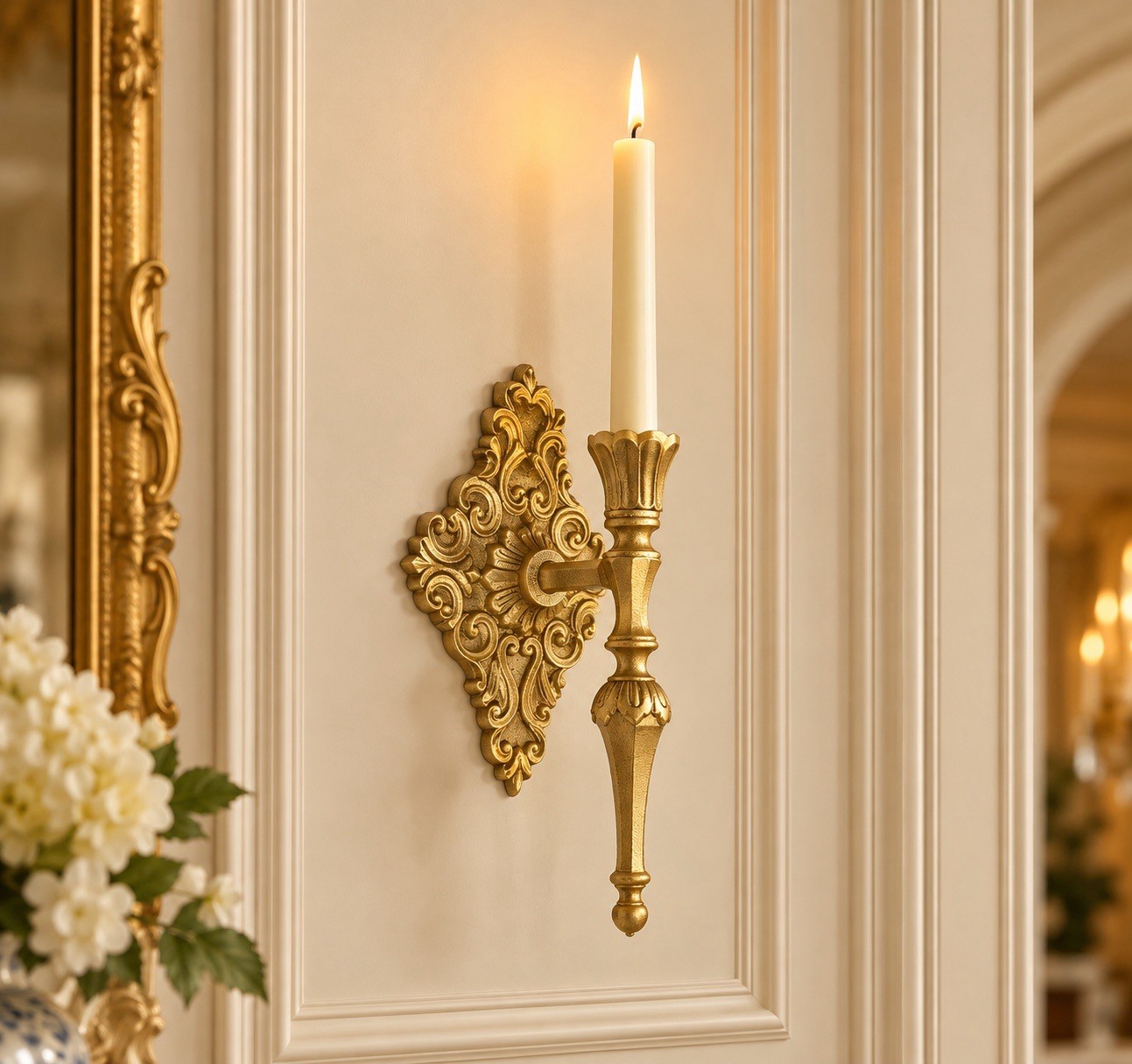 ONE Vintage Gold Iron Taper Candle Wall Sconces Holder Hollywood Regency 10.5”