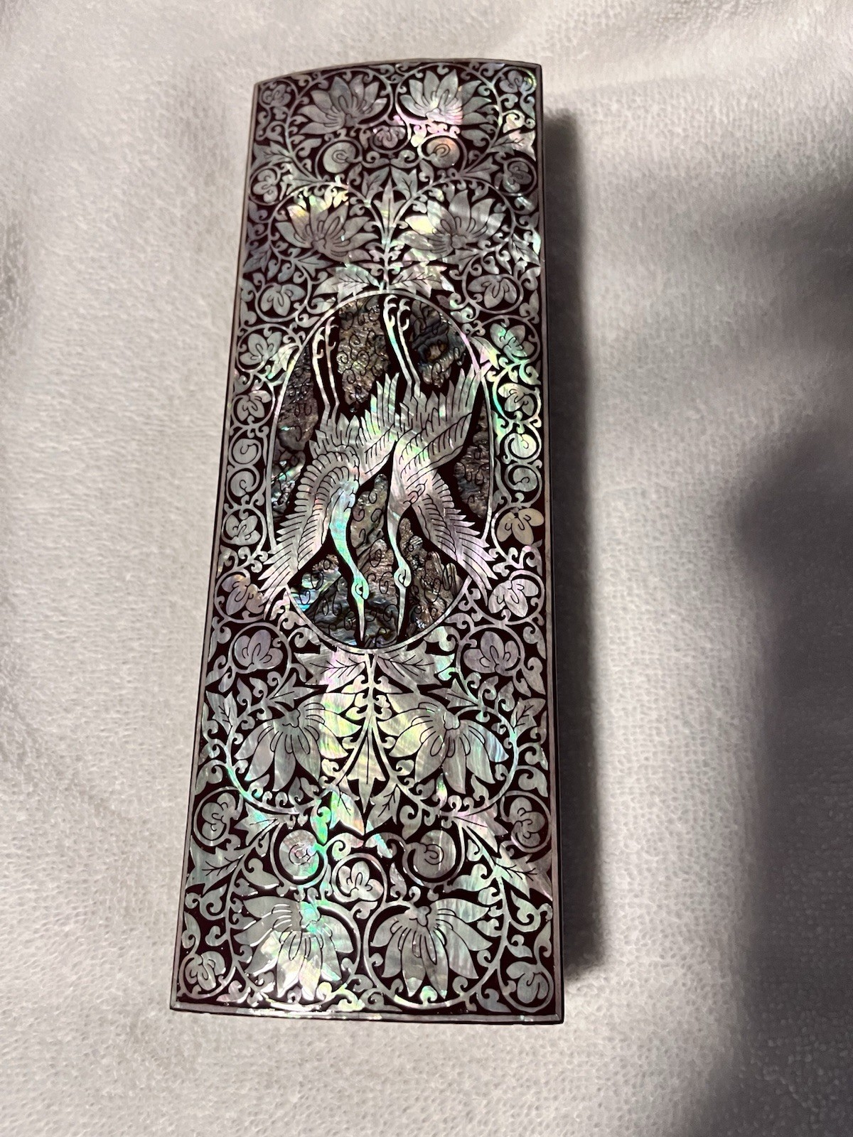 Vintage Korean Folding Fan Mother of Pearl Crane Inlay Lacquer Box Set