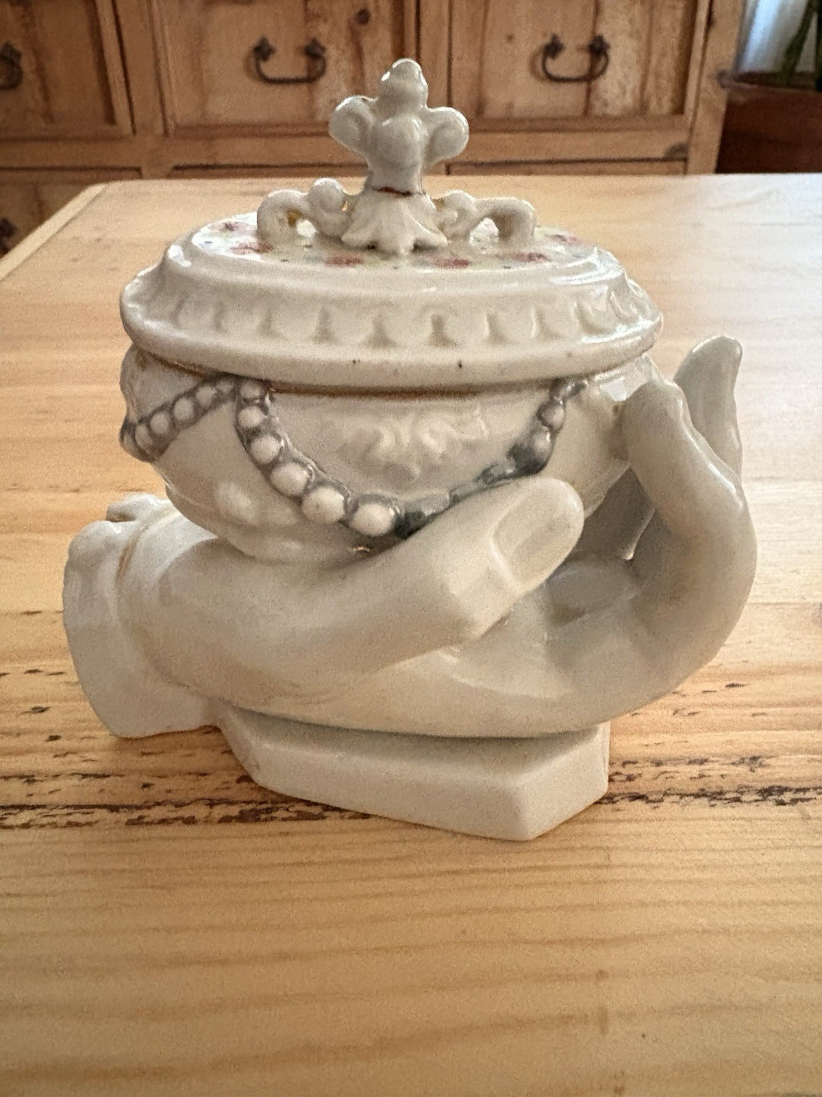 Antique Victoria Conta Boehme Porcelain Fairing Box w/ Hand Holding Trinket Box Antique Victoria Conta Boehme Porcelain Fairing Box w/ Hand Holding Trinket Box