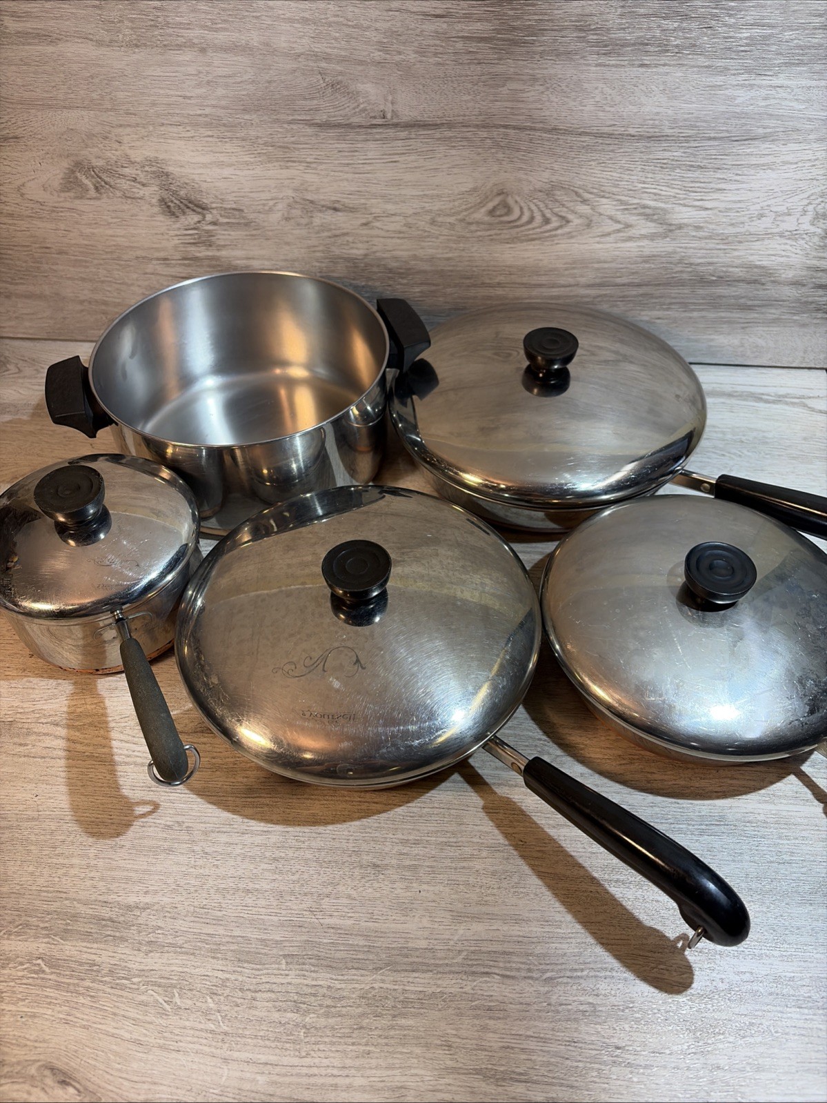 REVERE WARE 1801 VTG Copper Bottom 9 Piece Cookware Set Pots Pans Skillets USA