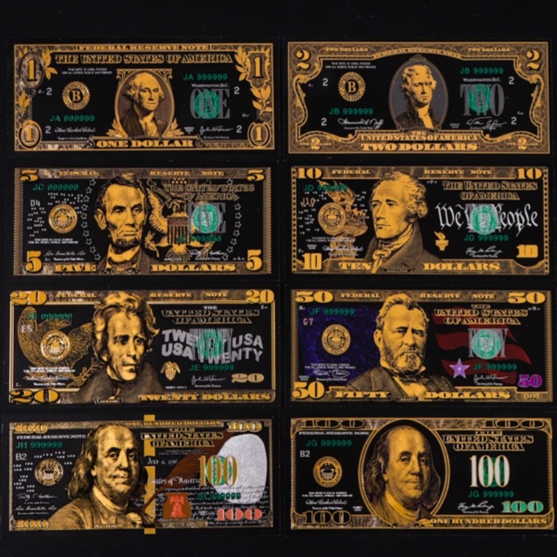 USA, SET, 8Pcs Gold Foil Banknote $1-100, BLACK & GOLD EDITION, UNC