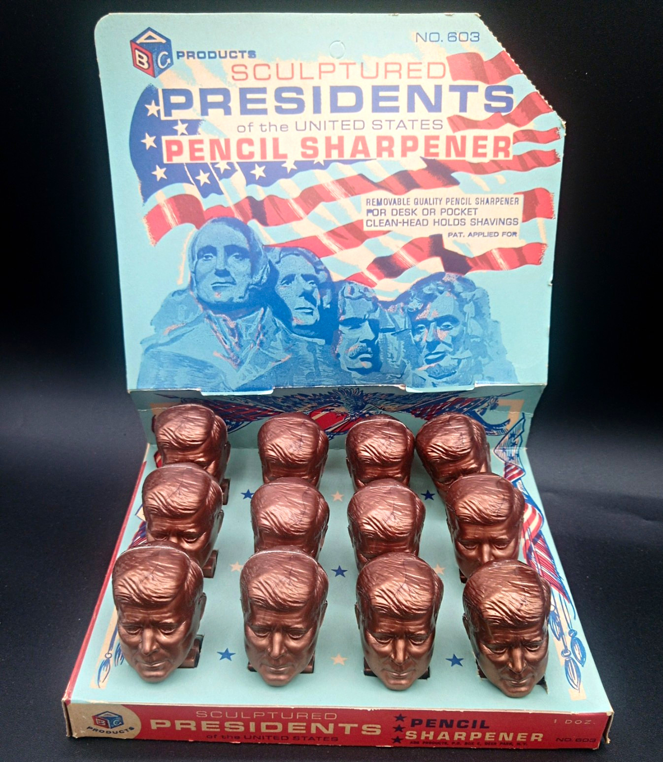 Vintage JFK Pencil Sharpeners With Store Counter Display Box Complete Set of 12