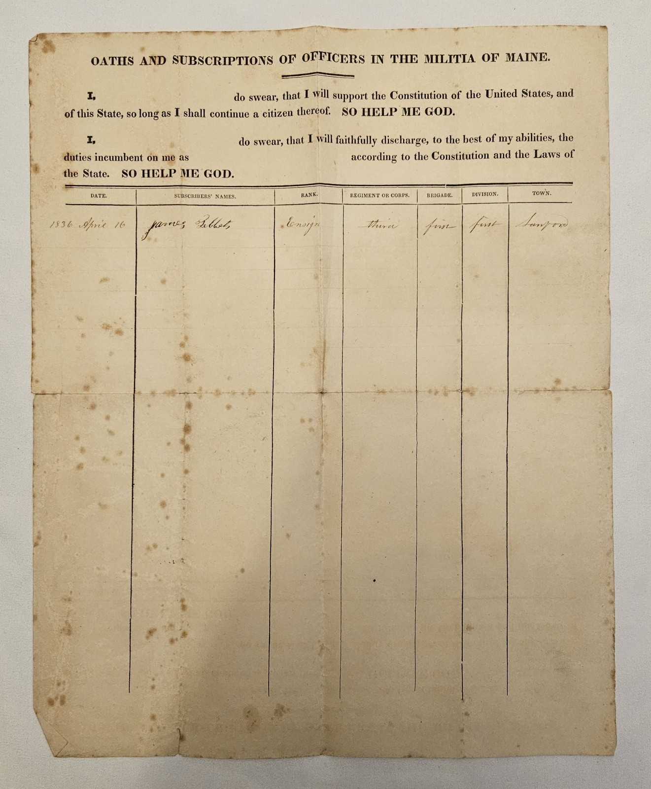 1836 Maine Militia Officer Oath James Tebbetts Sanford Ensign 3rd Regiment 