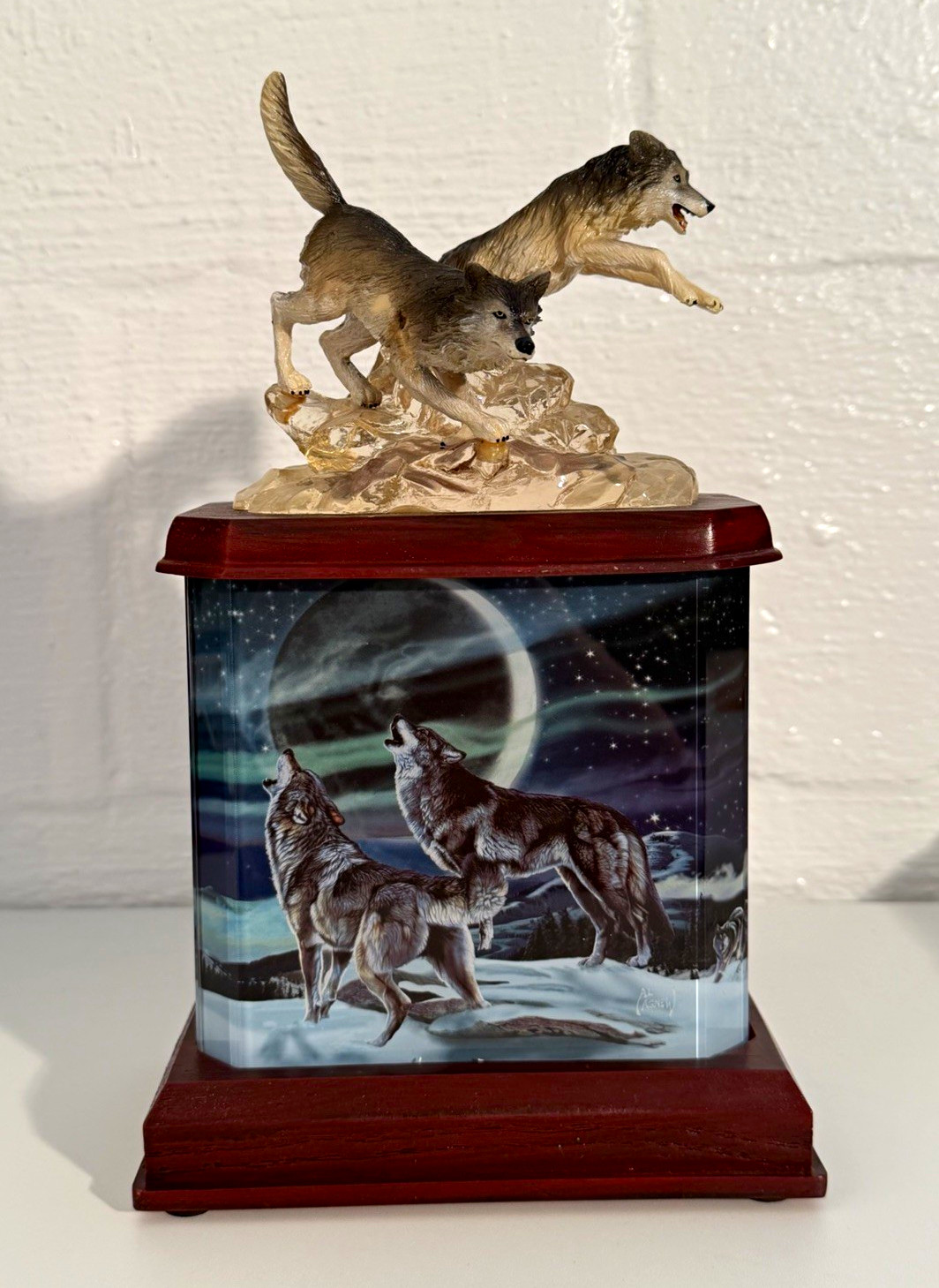 The Bradford Exchange Wolf Figurine w/ Lighted Wooden Base, Scenic Panels