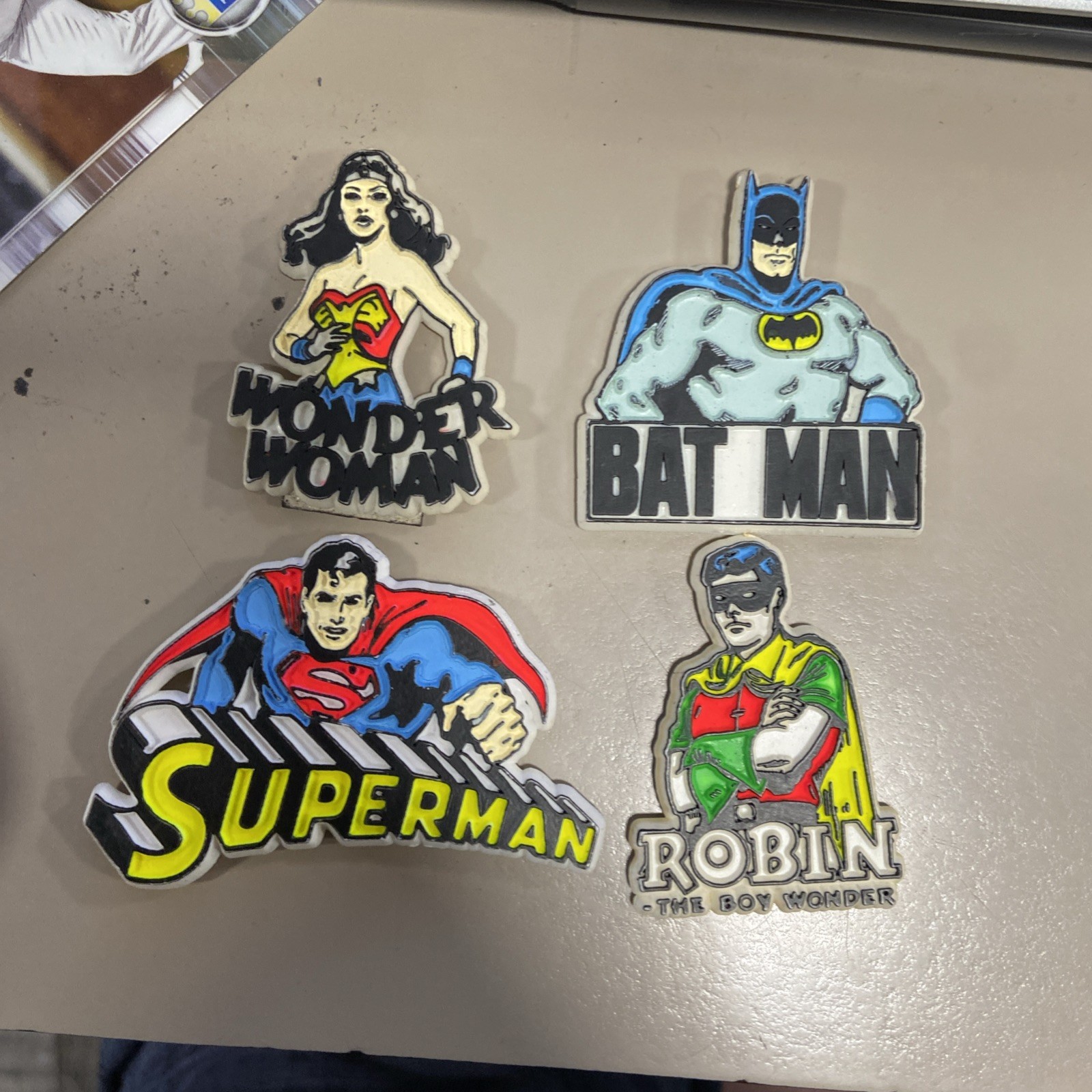 Vintage 1970\'s Wonder Woman, Superman, Batman & Robin, Fridge Magnets Vintage 1970\'s Wonder Woman, Superman, Batman & Robin, Fridge Magnets