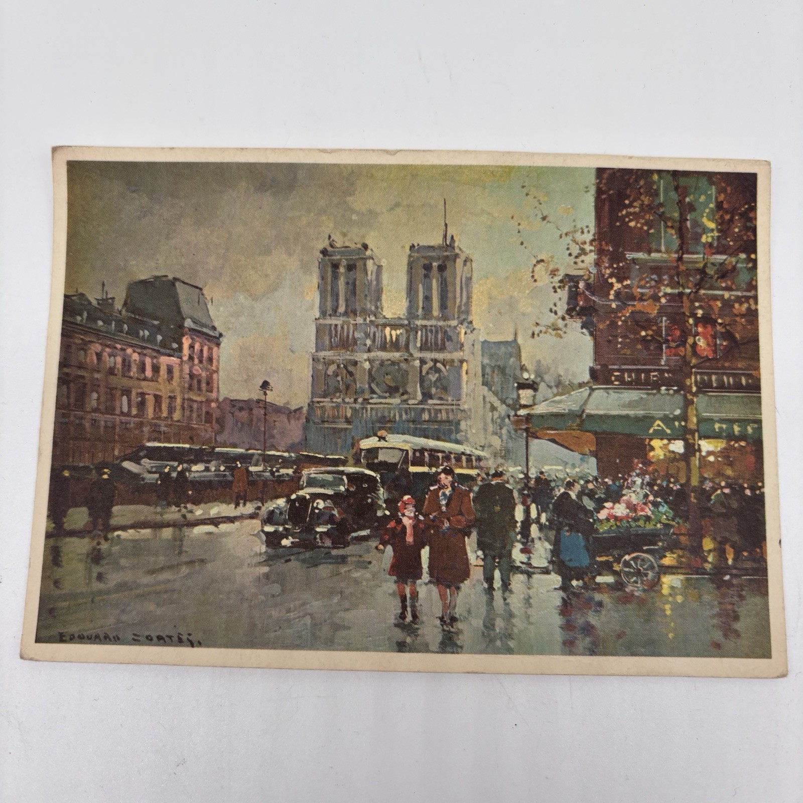 Vintage 1956 Linen Postcard 4x6- Notre Dame Painting by Edouard Cortes Unused
