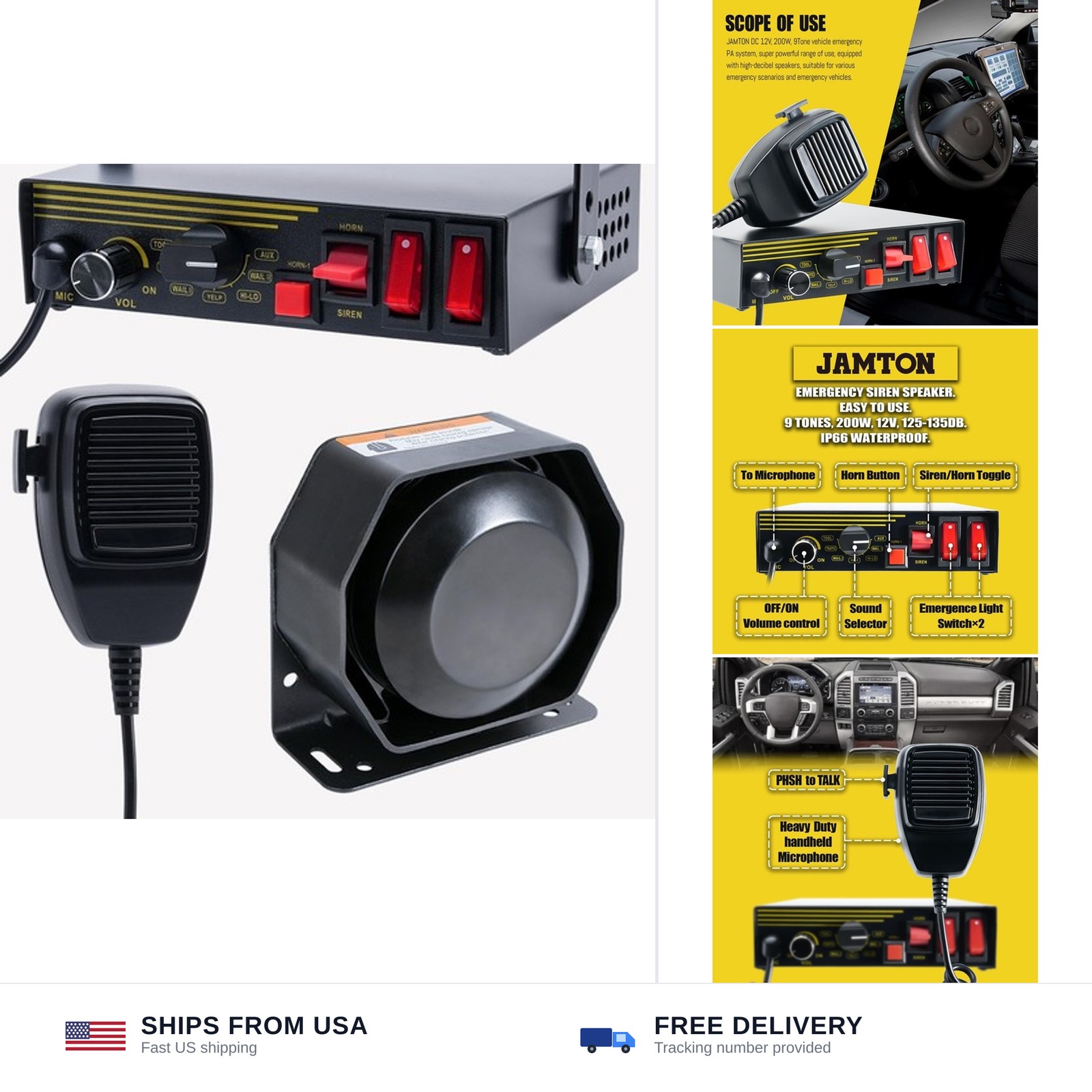 200W 12V Emergency Siren System 9 Tone Speaker Horn Handheld Mic for Vehicles