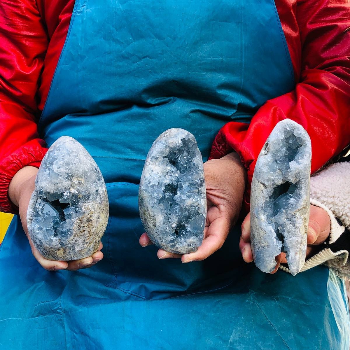 3PCS 6.11LB Natural Blue Celestite Geode Quartz Crystal Mineral Specimen 3255