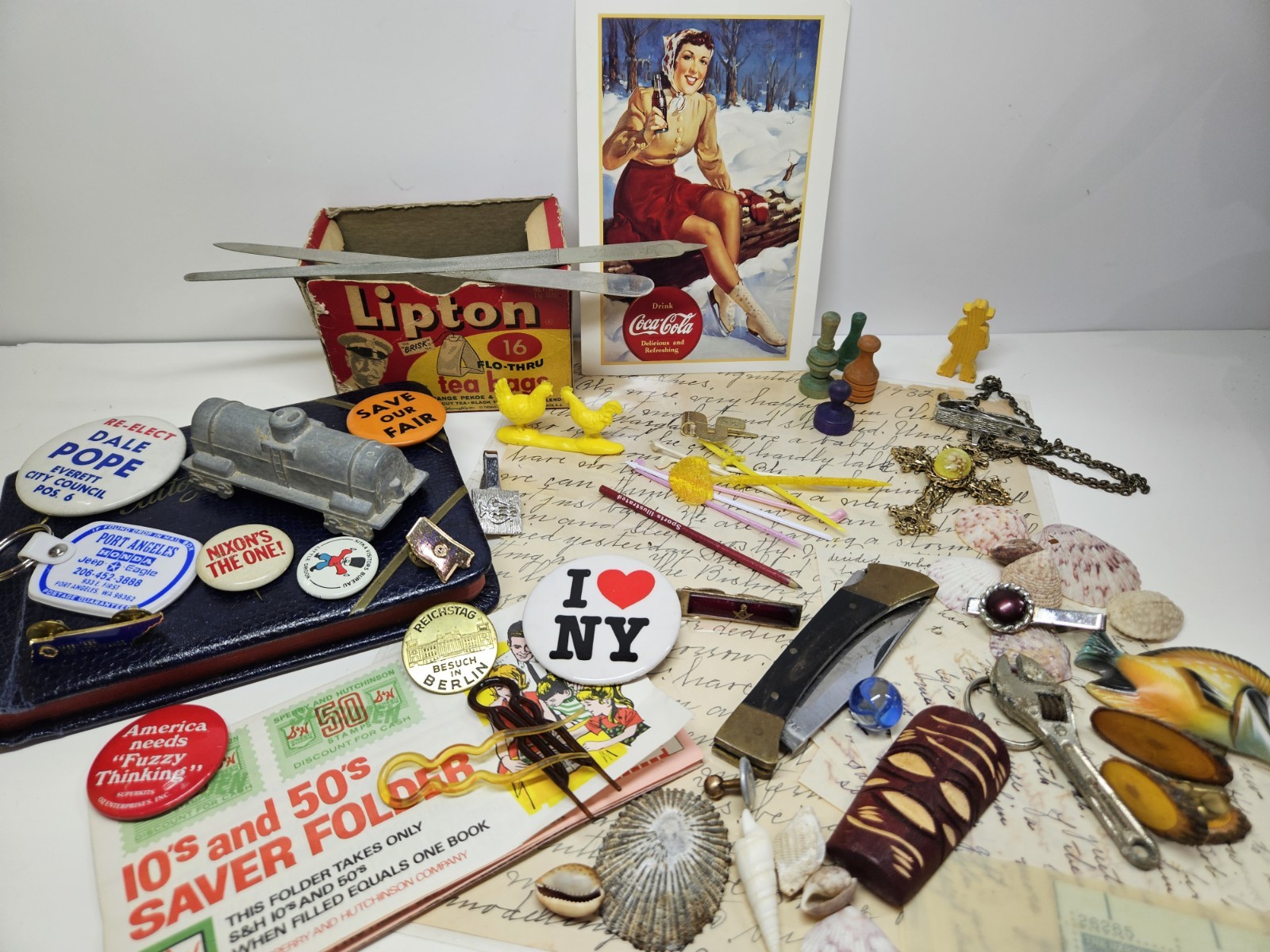 Vintage Grandma & Grandpa Junk Drawer Lot Advertising Political Pins Ephemera... Vintage Grandma & Grandpa Junk Drawer Lot Advertising Political Pins Ephemera...