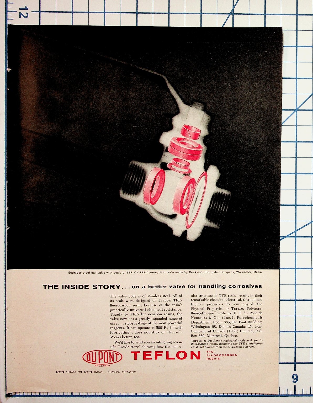 Vintage 1950s DuPont TEFLON Valve Ad Rockwood Sprinkler Worcester MA Ephemera