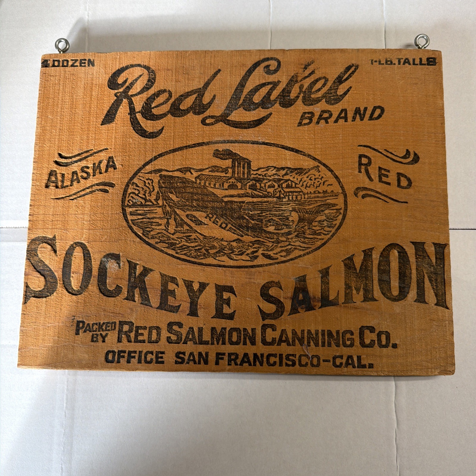 Vintage Cannery Red Label Salmon Alaska Wood Crate Shipping Box End 