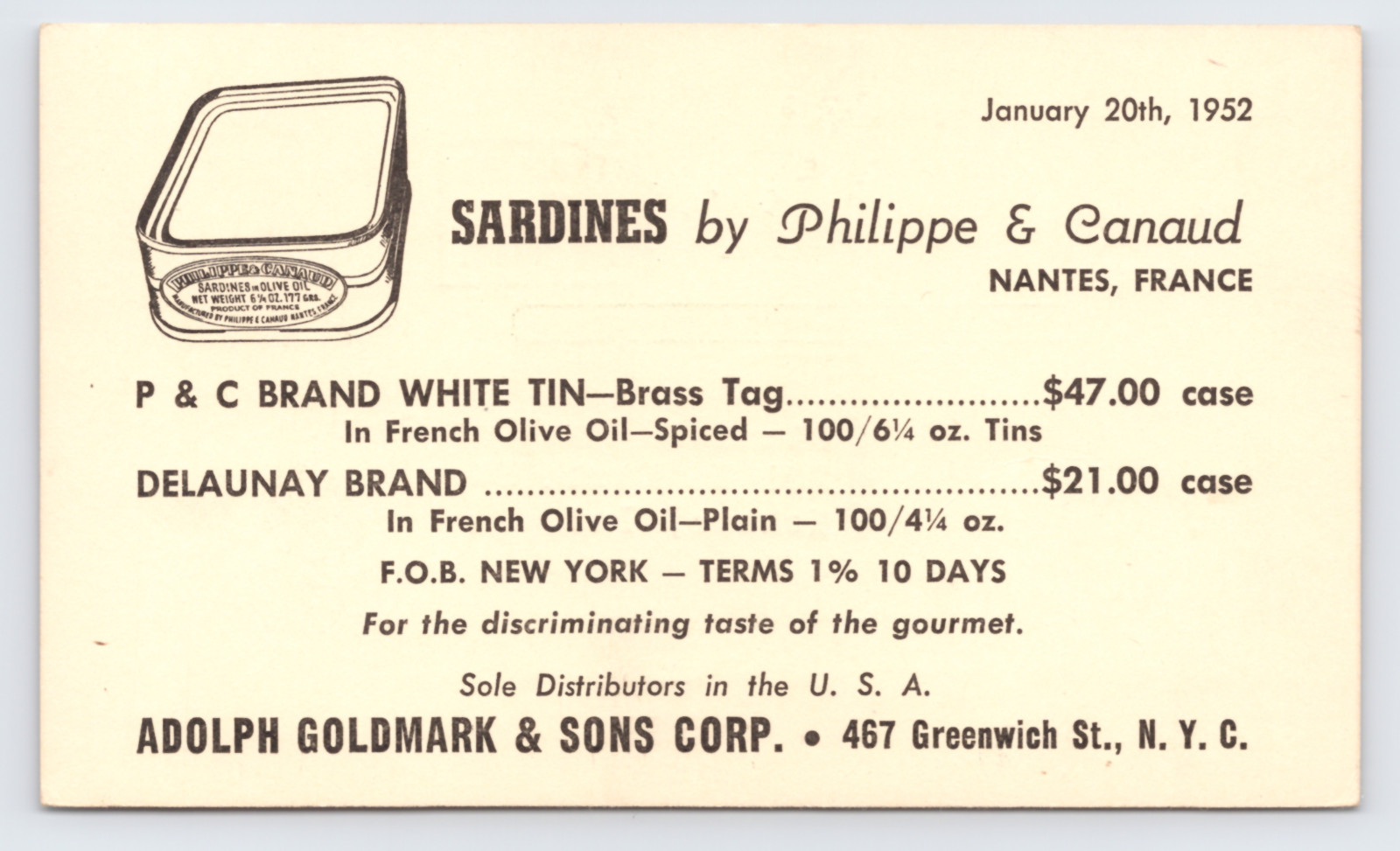 1952 Sardines Philippe Canaud Adolph Goldmark NYC Postal Card French Food Trade