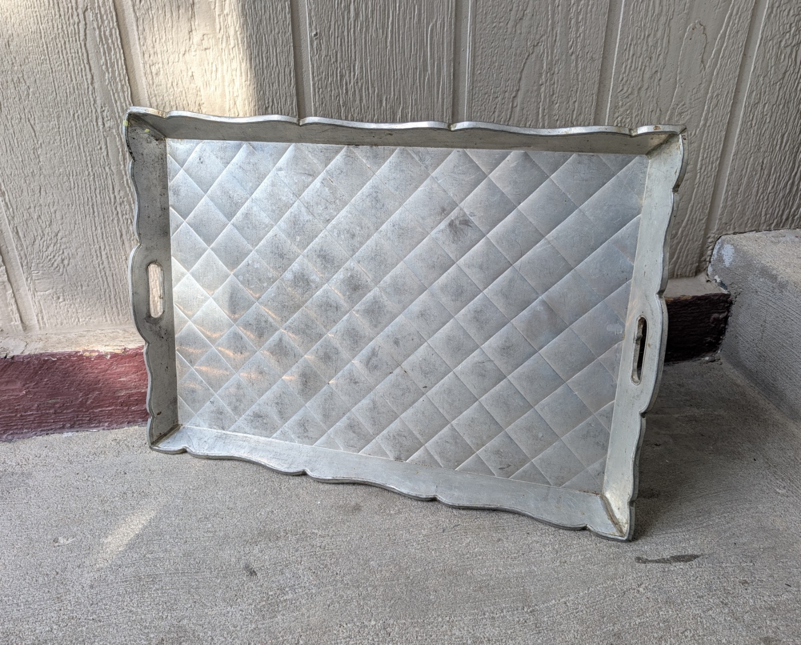Vintage 1940s Mexican Art Deco Tin Over Wood Serving Tray Embossed Diamond 25\