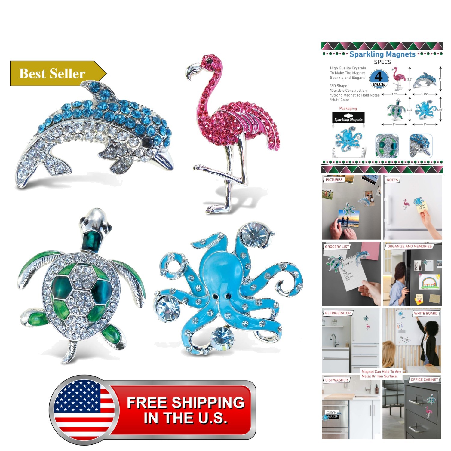 Beach-Themed Sparkling Refrigerator Magnets Bundle Set - 4 Pieces Beach-Themed Sparkling Refrigerator Magnets Bundle Set - 4 Pieces