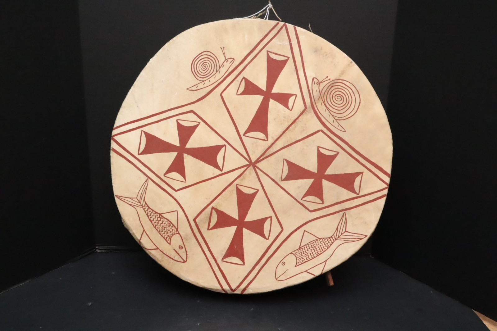 VINTAGE  NATIVE AMERICAN  BUFFALO HIDE Painted  HEALING DRUM Four Cross 20