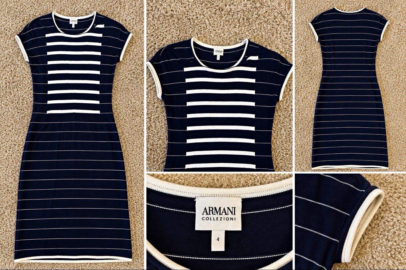 Armani Collezioni Women\'s Navy/White Striped Sheath Dress Sz 4 Knee Length