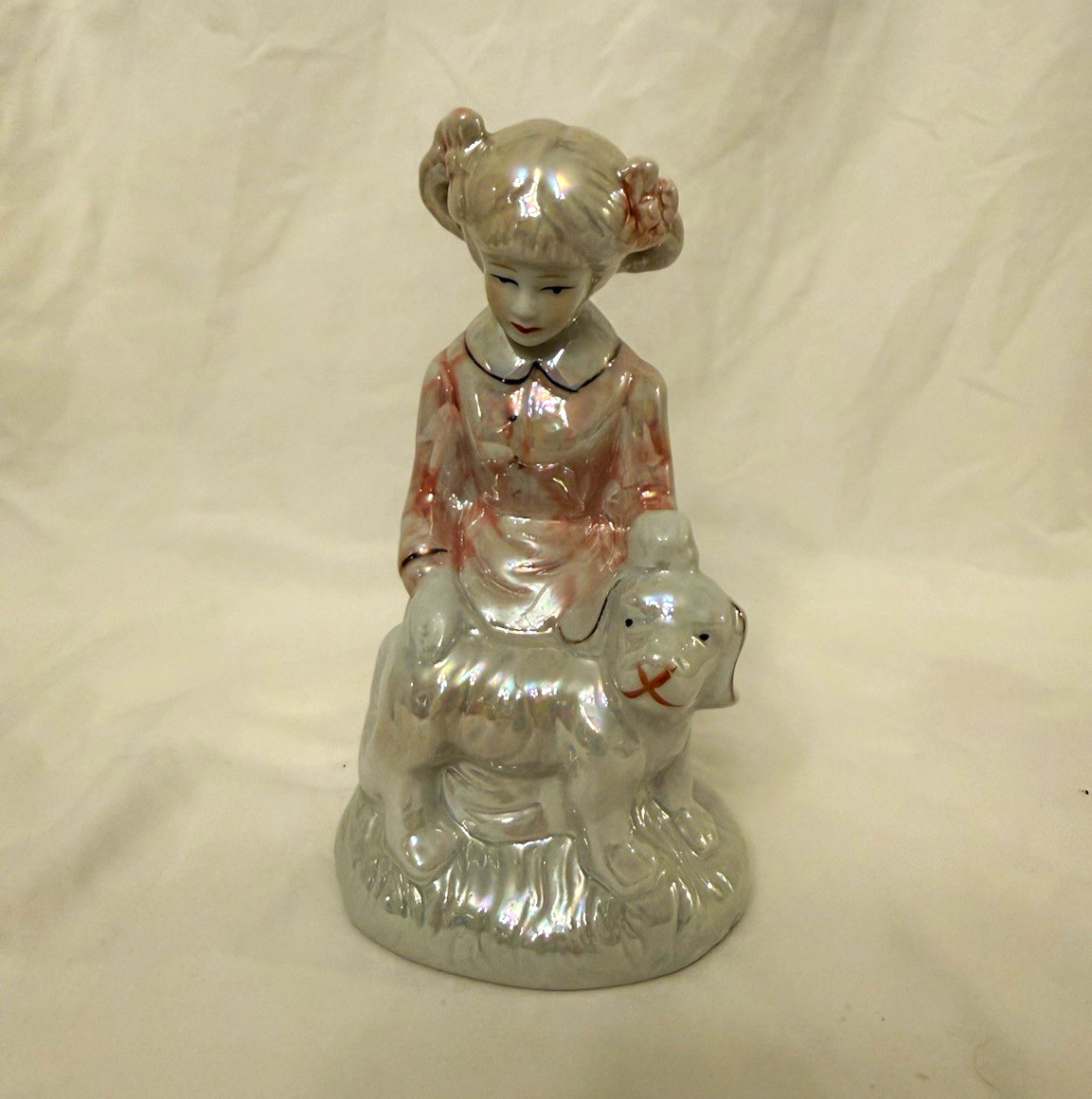 Vintage Iridescent Lusterware Girl w Lamb Porcelain Figurine Made in China