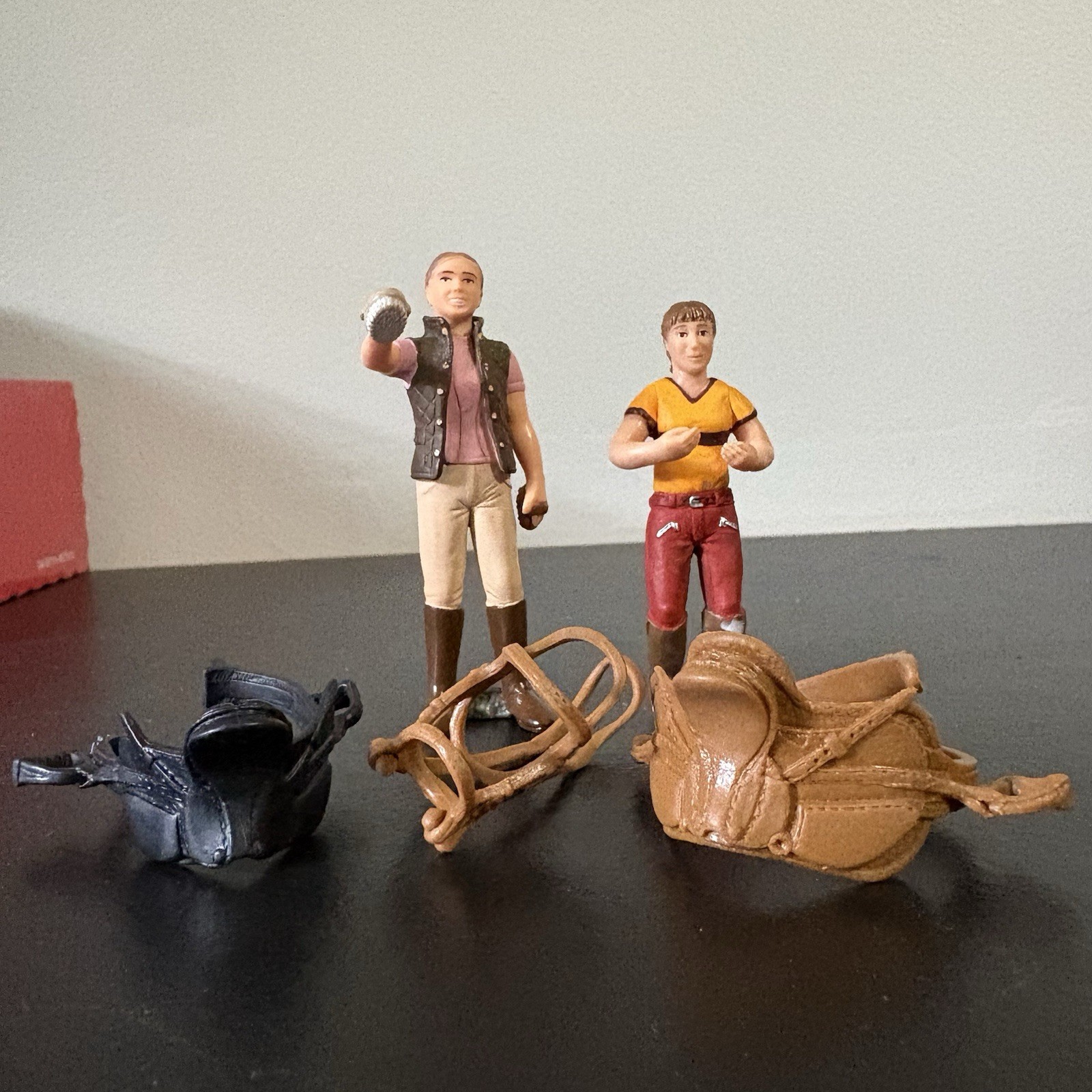 Schleich Two People And Two English Saddles Black Brown One Bridle