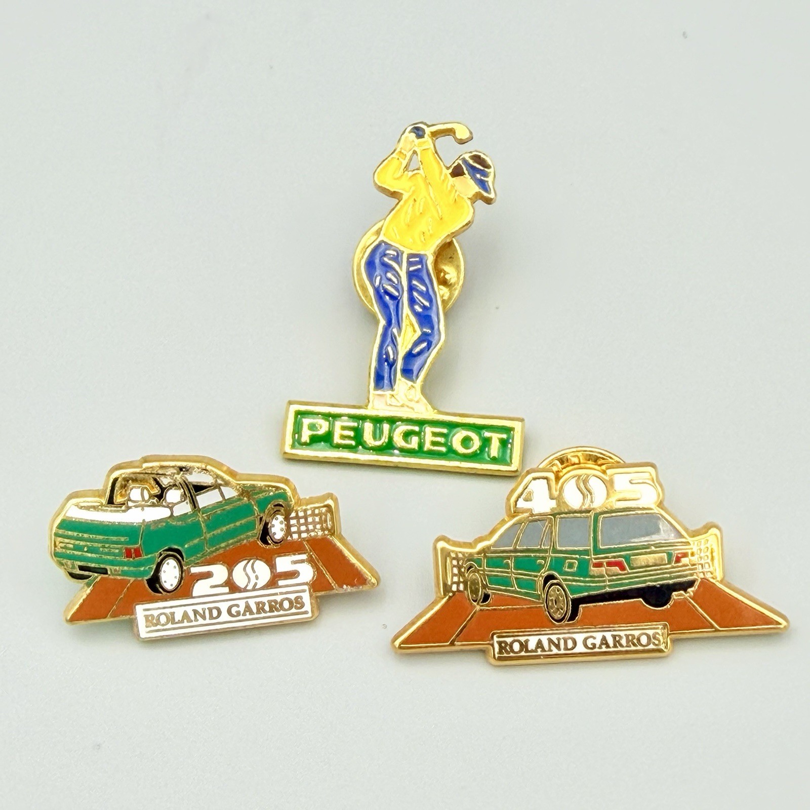 Rare 1989 Peugeot Roland Garros Enamel Pins 205, 405, & Golfer - Arthus Bertrand
