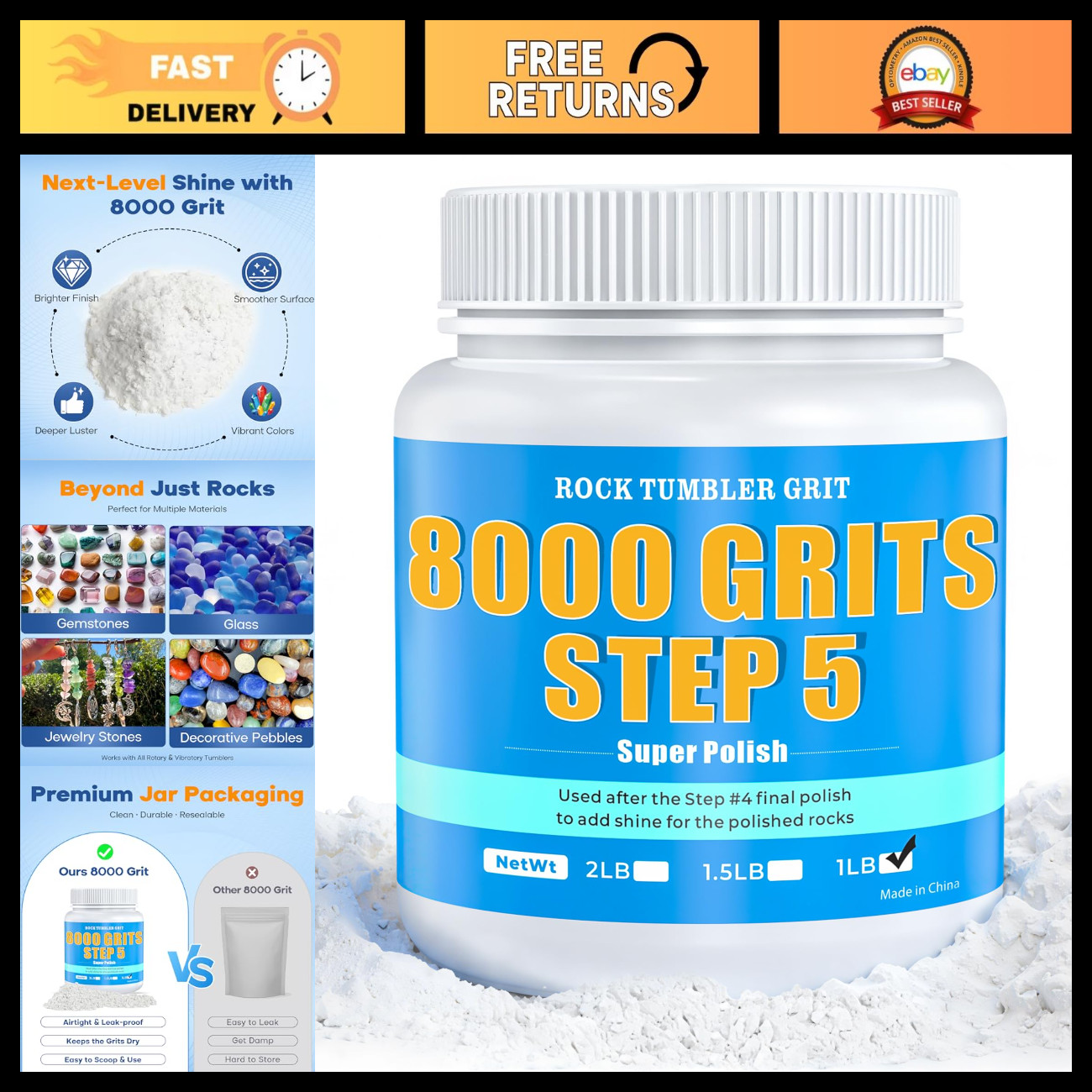 Premium Polishing Grits 8000 - Aluminum Oxide, Step 5 Tumbling Media for Stones