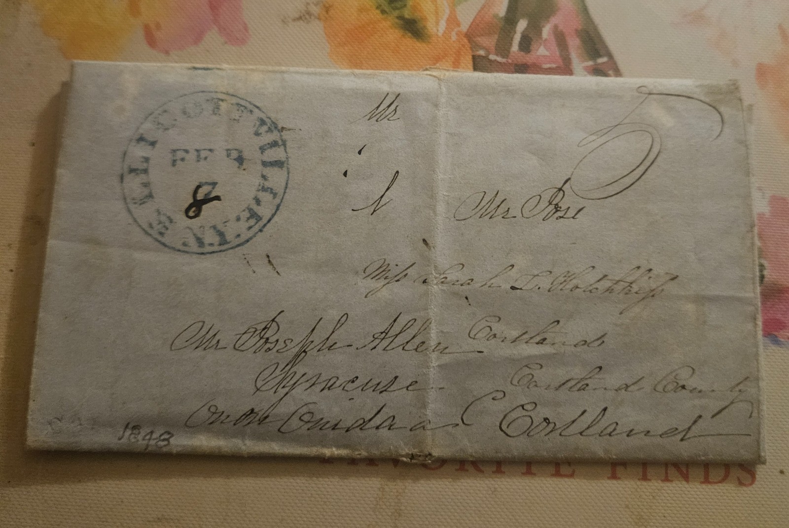 1848 Ellicottville NY Stampless Cover Sarah Hotchkiss Cortland NY 5 Rate