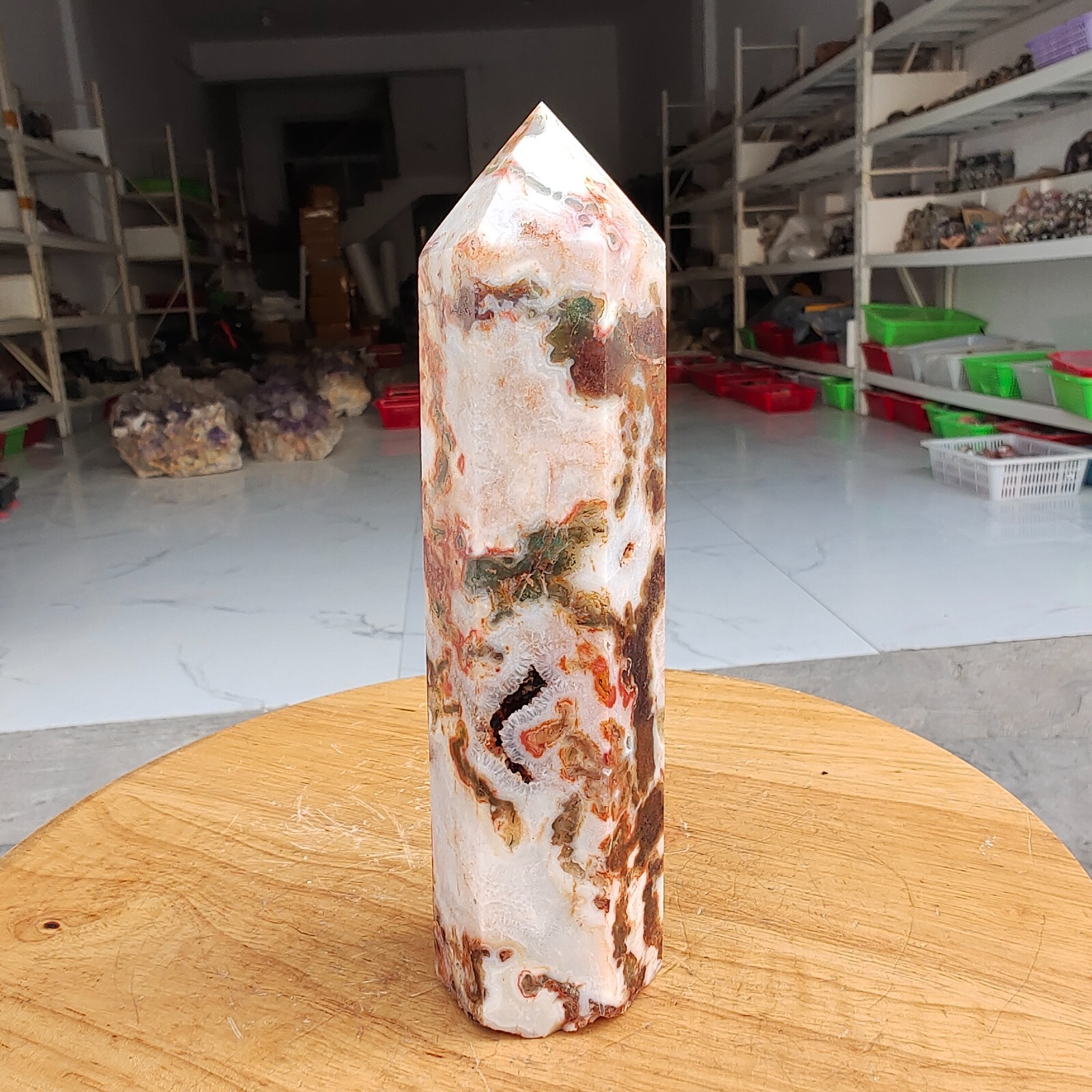 570g Natural red aquatic agate obelisk Quartz Crystal Point energy column W985