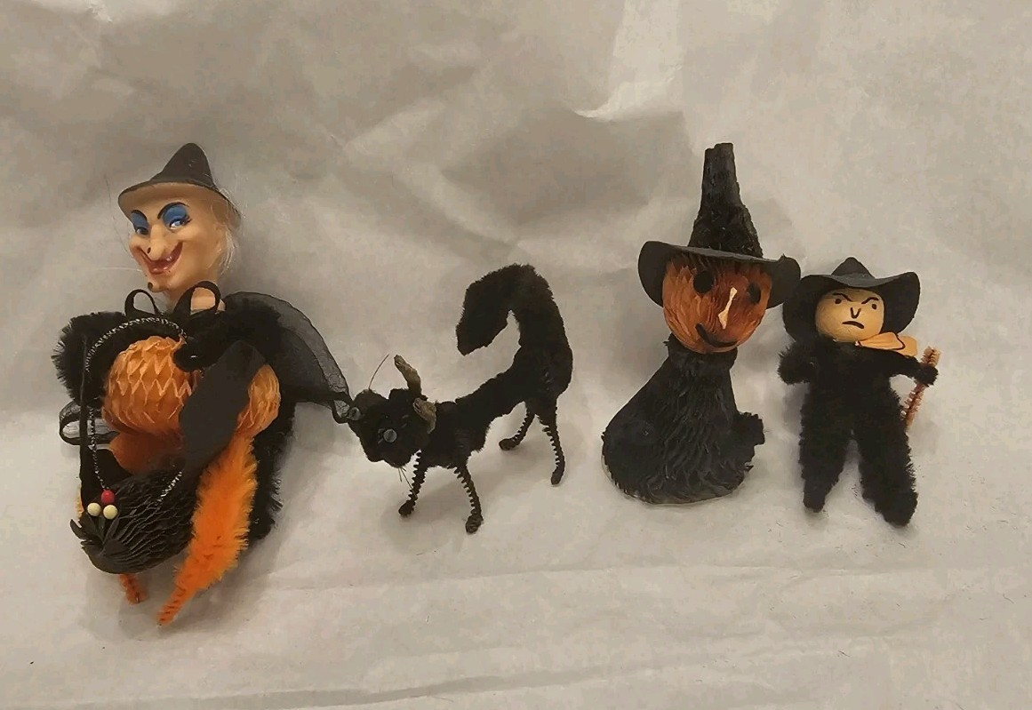 Lot 4 Vintage Early Halloween Honeycomb Chenille Figures Witch Bat Black Cat Lot 4 Vintage Early Halloween Honeycomb Chenille Figures Witch Bat Black Cat