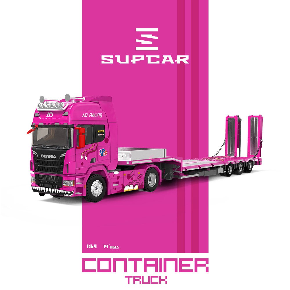 1:64 Scania S730 Truck Transport Trailer Pink Green Dino Alloy Model