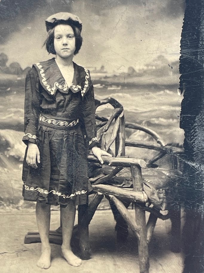 Rare C. 1870s Chocolate Tintype Child in Wrinkled Sailor Studio Prop, Barefoot