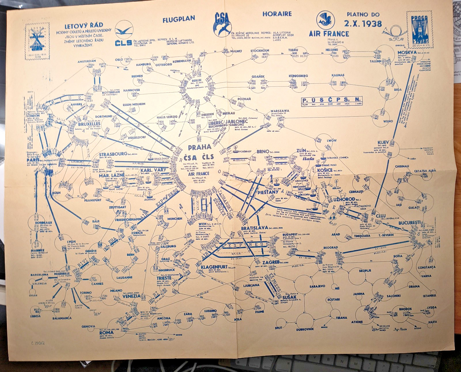 1938 CSA Czechoslovak Airline Route Map Air France KLM Lufthansa Europe Pre WWII