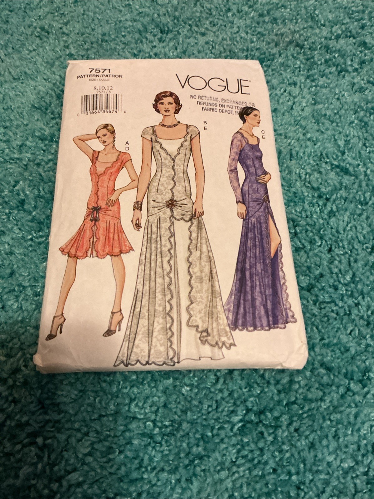Vogue 7571 Pattern 1920s Flapper style Dress 8 10 12 Close fit flare Evening UC