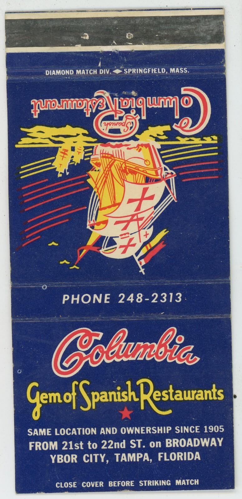 Columbia Spanish Restaurant Ybor City Florida Antiq Matchbook Cover D-6