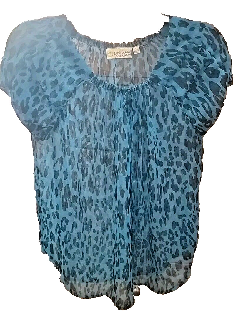 Princess Vera Wang Blue/Black Animal Sheer Short Sleeve Blouse/Top  Size L