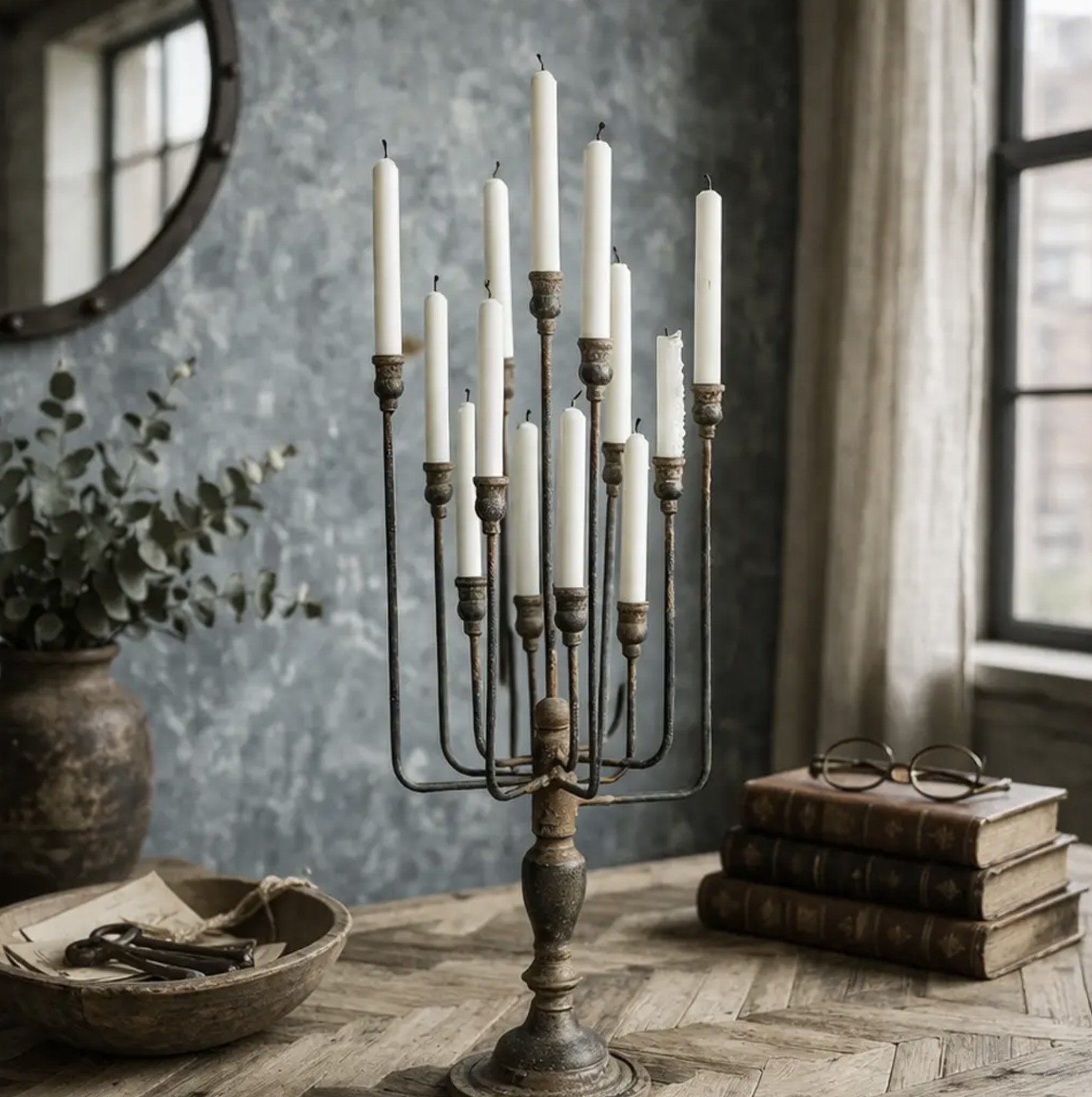 Vintage Spanish 13 - Candle Candelabra Rustic Candle Holder Patina Antique Goth