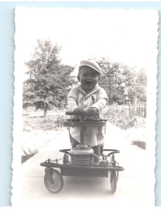 Vintage Photo 1940s, Toddler looking Dapper on Antique Bouncer, 3.5 x 2.5