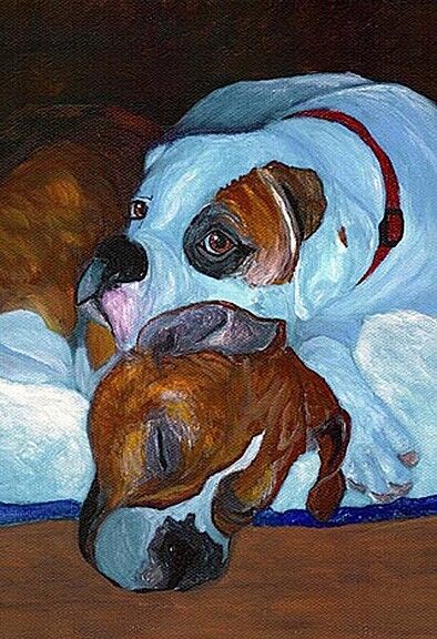 13x19 BOXER Fawn & White Patch Signed Dog Art PRINT of Original Painting by VERN