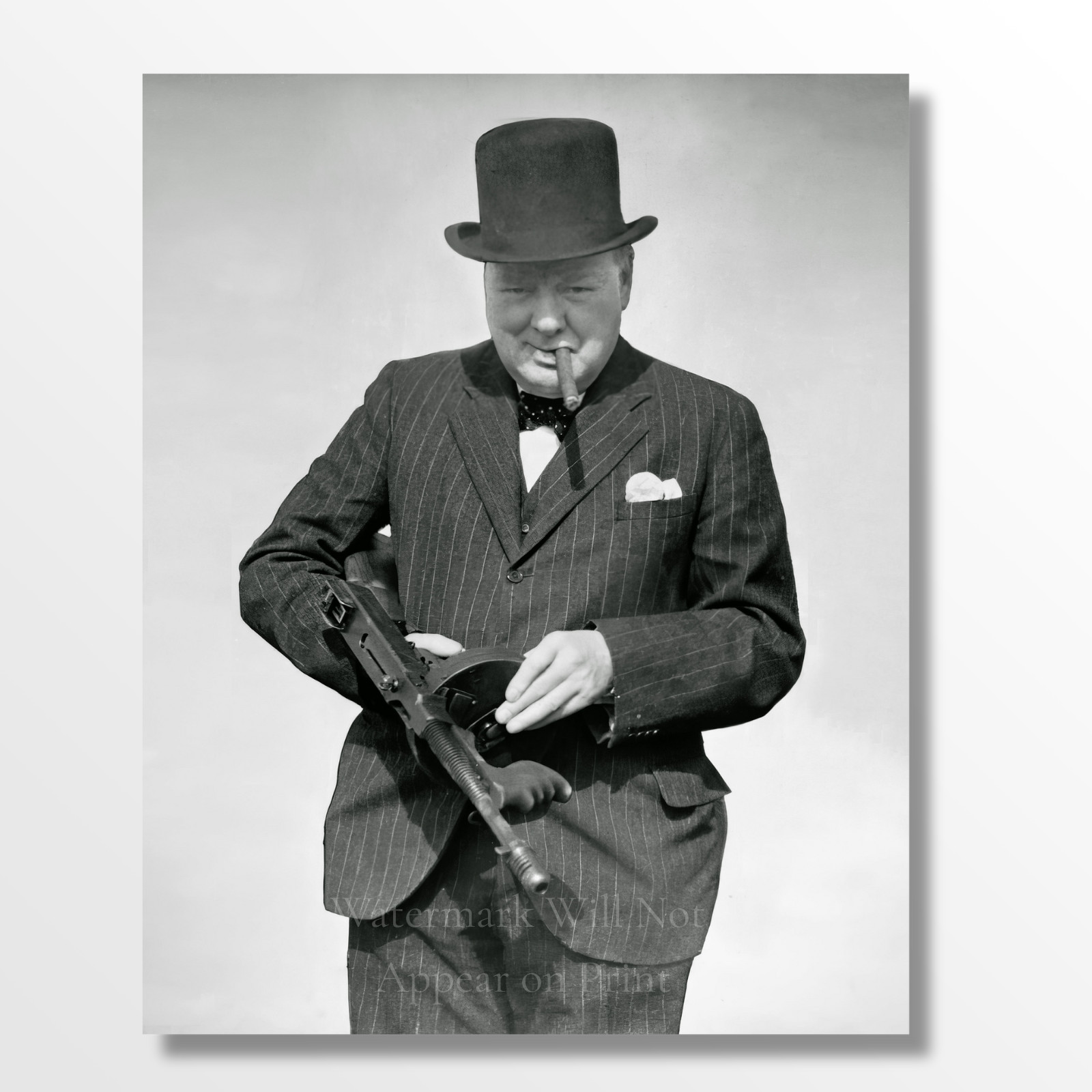 Vintage Winston Churchill with Tommy Gun Historic WWII Giclee Fine Art Print