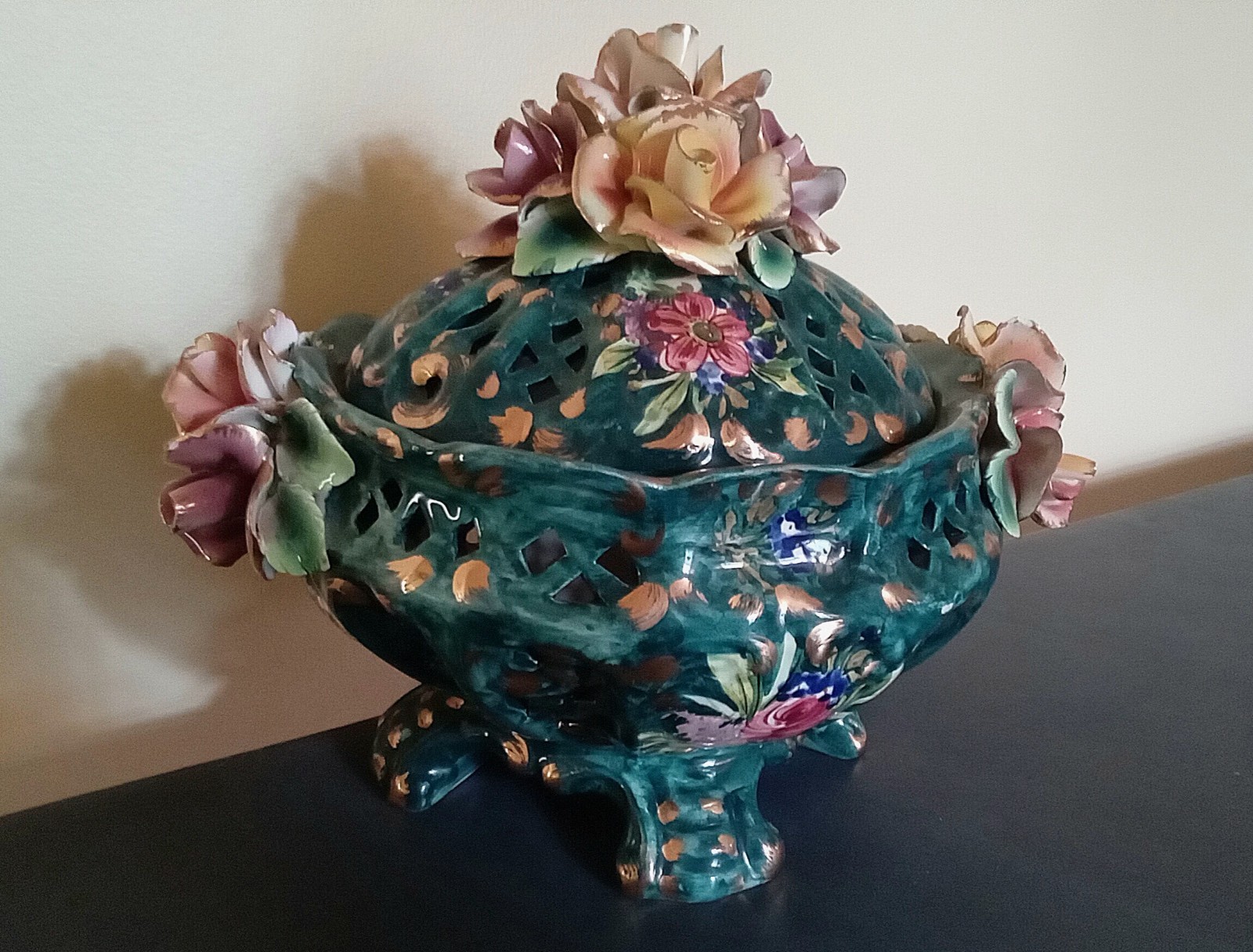 Italian Antique Vintage Covered Potpourri Bowl ☆ Handmade ☆ Hand Painted ☆